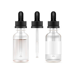 Full and empty realistic glass bottles mock ups with dropper. Template for medical or cosmetic fluid, drops, oil, juice