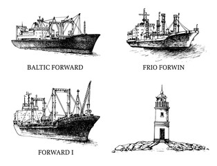Set cargo ship, reefers, lighthouse - 157156253