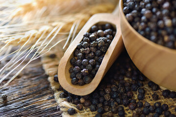 black pepper seeds in wood scoop on table