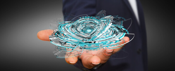 Businessman holding floating 3D rendering digital tech blue interface