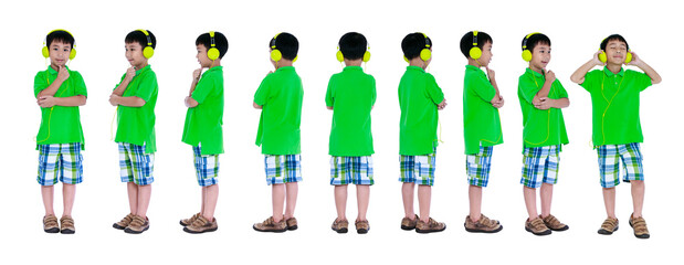 Diverse set of cute asian boy enjoying music using earphone. Studio shot.