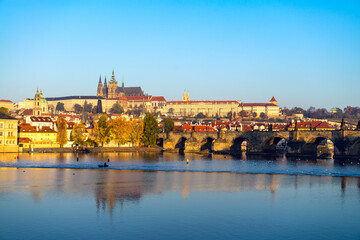 Fototapeta na wymiar Old downtown of Prague, Vltava river and Charles bridge. Czech Republic