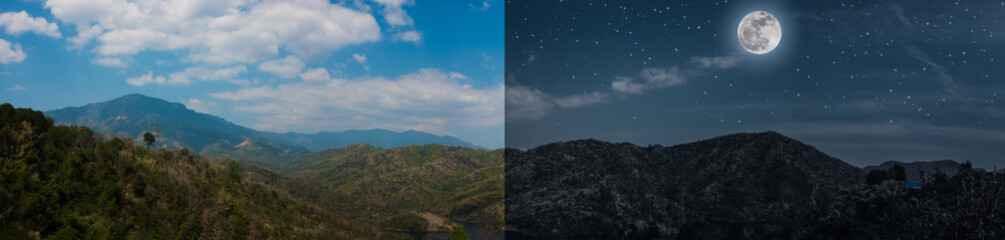 Fototapeta na wymiar Day and night concept of summer landscape panoramic image of mountains.