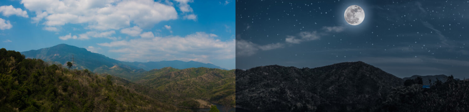 Day and night concept of summer landscape panoramic image of mountains.