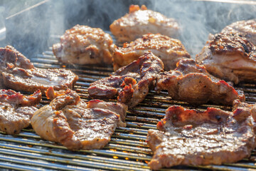 barbecueing on beautifull sunny day. steaks, chicken legs close-up