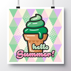 Poster with icon ice-cream and phrase-Hello Summer on a vintage pattern background. Vector illustration for wallpaper, flyers, invitation, brochure, greeting card, menu.