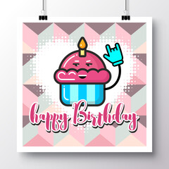 Poster with icon cupcake with a candle and phrase-Happy Birthday on a vintage pattern background. Vector illustration for wallpaper, flyers, invitation, brochure, greeting card, menu.