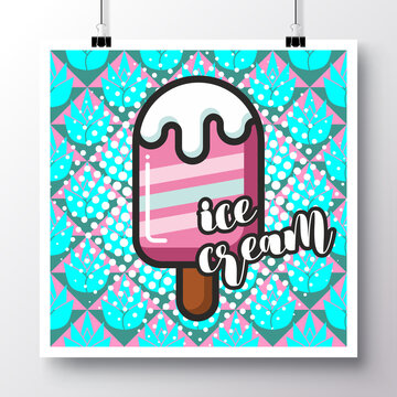 Poster with icon ice-cream on a vintage pattern background. Vector illustration for wallpaper, flyers, invitation, brochure, greeting card, menu.
