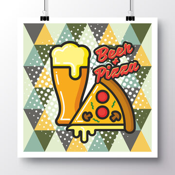Poster with icon Beer and Pizza on a vintage pattern background. Vector illustration for wallpaper, flyers, invitation, brochure, greeting card, menu.