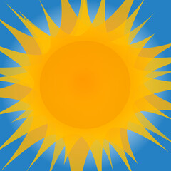Big yellow sun with lot of beams on blue background