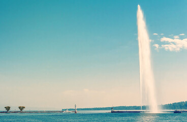 The famous Jet d'Eau fountain in Geneva, Switzerland
