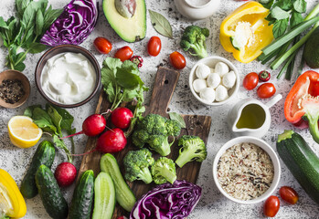 Balanced healthy diet food background in a Mediterranean style. Fresh vegetables, wild rice, fresh...