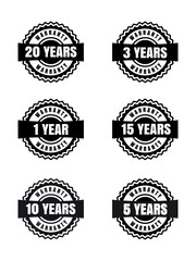 Black and white warranty labels set isolated on white background. Vector illustration