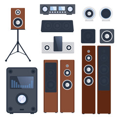 Home sound system stereo flat vector music loudspeakers player subwoofer equipment technology. - obrazy, fototapety, plakaty