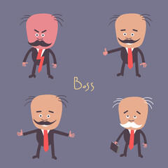 Set four bosses. Angry boss. Good boss. Boss with case. Flat style. Business illustration.