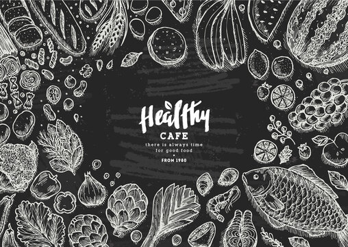 Healthy food collection. Good nutrition chalkboard table background. Linear graphic. Hero image. Vector illustration