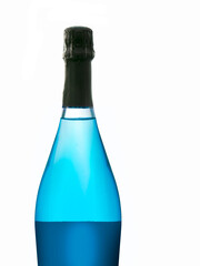 New bottle of fizzy drink on white. Could be blue Prosecco.