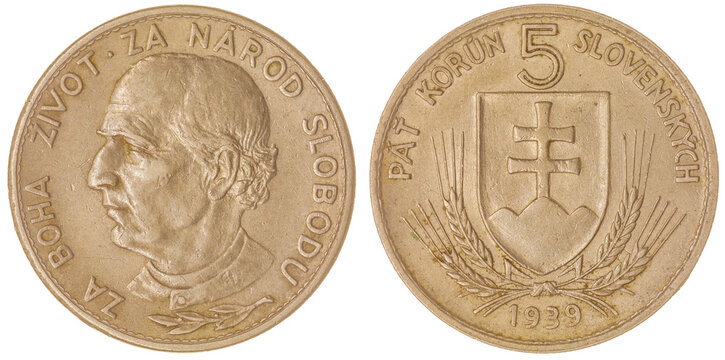 5 korun 1939 coin isolated on white background, Slovakia