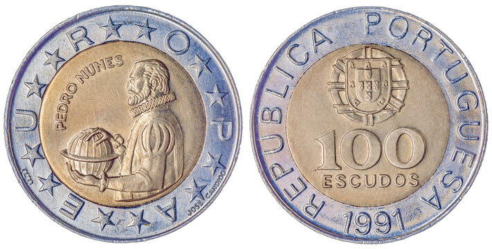 100 escudos 1991 coin isolated on white background, Portugal