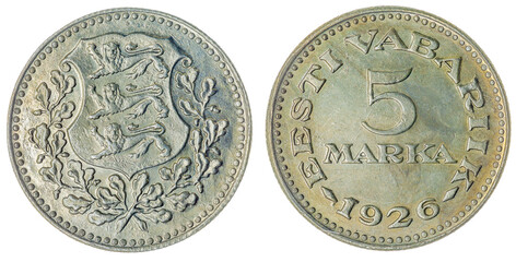 5 marka 1926 coin isolated on white background, Estonia - obrazy, fototapety, plakaty