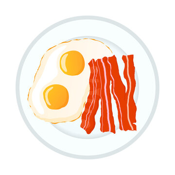 Bright Fried Eggs With Bacon, Breakfast Icon Isolated On White