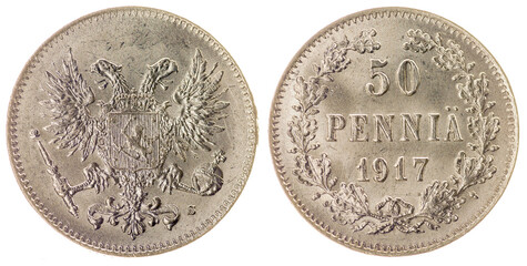50 pennia 1917 coin isolated on white background, Finland