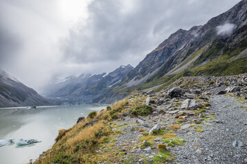 Hooker Lake at the end of the Hooker Valley Track, One of the most popular walks in Aoraki/Mt Cook...