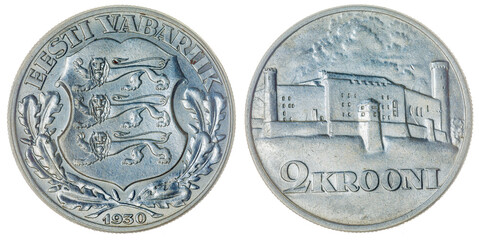 2 krooni 1930 coin isolated on white background, Estonia