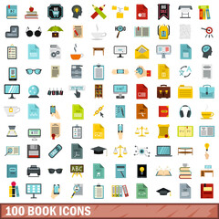 100 book icons set, flat style