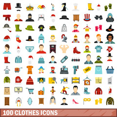 100 clothes icons set, flat style