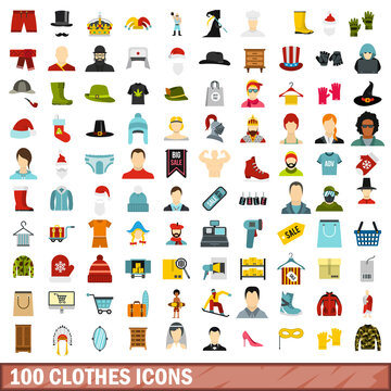 100 clothes icons set, flat style