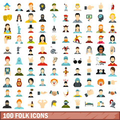100 folk icons set, flat style