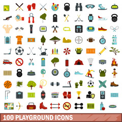 100 playground icons set, flat style