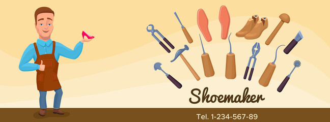 Shoemaker cartoon character banner or poster with cobbler tools set colorful vector illustration including carpenter repair instruments, shoe machines, boots, sewing machine, glue, threads, brushes