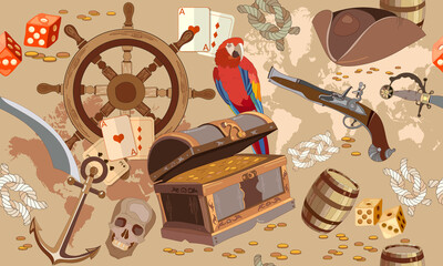 Old pirate treasure map seamless pattern. Treasure chest, parrot steering wheel skull, rum saber pirate hat. Adventure stories seamless background