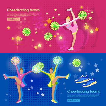 Cheerleading team banners school sports championship pom poms cheerleader girl vector