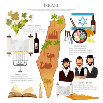 Israel tradition and culture. Travel vacation to Israel, attractions, culture, people, map Israel. Infographic template design