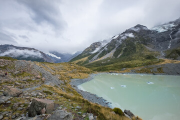 Hooker Lake at the end of the Hooker Valley Track, One of the most popular walks in Aoraki/Mt Cook National Park, New Zealand