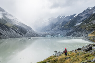 Fototapeta na wymiar Hooker Lake at the end of the Hooker Valley Track, One of the most popular walks in Aoraki/Mt Cook National Park, New Zealand