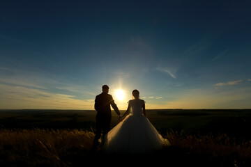 wedding couple hold hands on the sunset. Silhouette of Bride and Groom