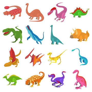 Dinosaur icons set, cartoon style