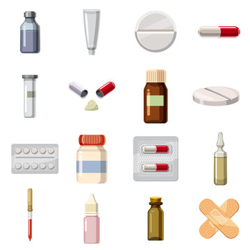 Medicine drugs types icons set, cartoon style
