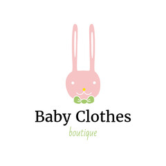 Vector logo template for baby shop or store. Illustration of a cute pink rabbit with green bow. Child logotype. Can be used for print on clothes for boys and girls, decoration, design banners, web.