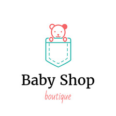 Vector logo template for baby shop, store or market. Cute bear sitting in a pocket. Can be used for print on clothes for boys and girls, decoration, design banners, web. EPS10.
