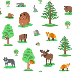 Cute forest animals seamless background pattern. Vector cartoon illustration. Wild zoo mammals with green trees on white backdrop. Kids wallpaper, wrapping paper, textile print, book cover design