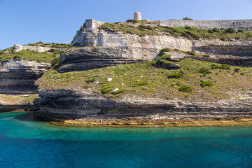 Island of Corsica, France. Ancient fortress on a rocky shore in Bonifacio