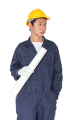 Worker holding blueprint on white