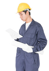 Worker using a tablet and holding blueprint on white