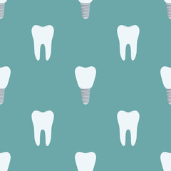 Seamless pattern of tooth, implant, prothesis. Made in flat style