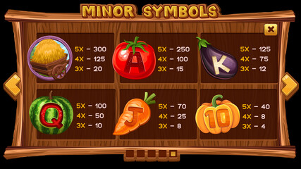 Info screen for slot game on wooden background. Vector illustration